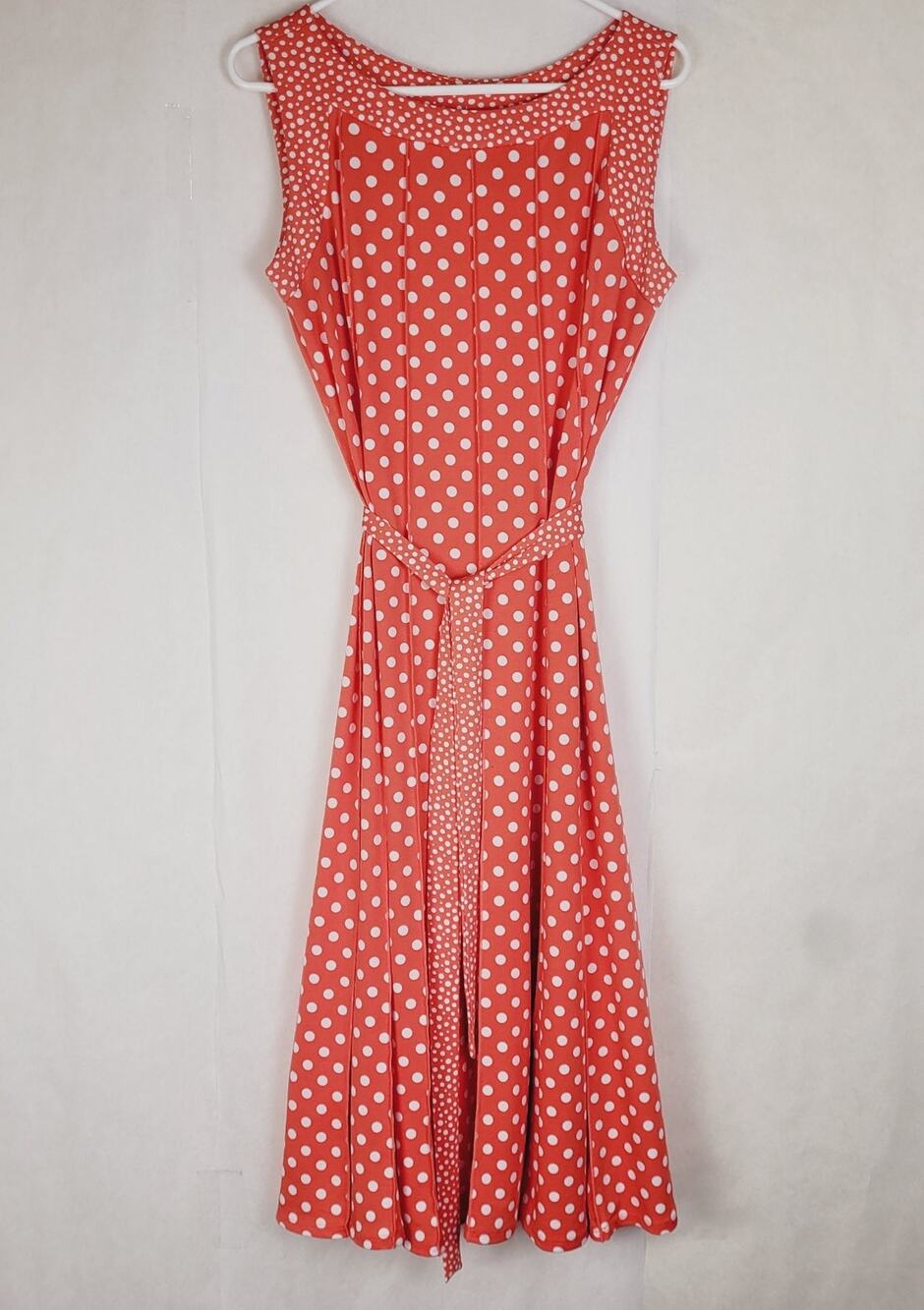 Perceptions New York coral polka-dot pleated midi dress Med retro rockabilly